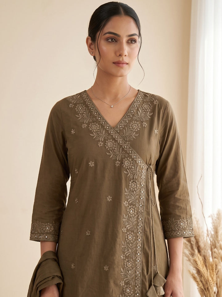 Brown Embroidered Kurta With Pant &amp; Dupatta