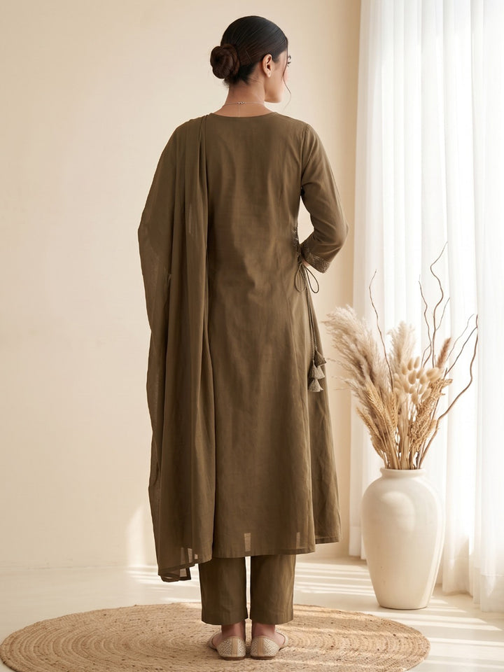 Brown Embroidered Kurta With Pant &amp; Dupatta