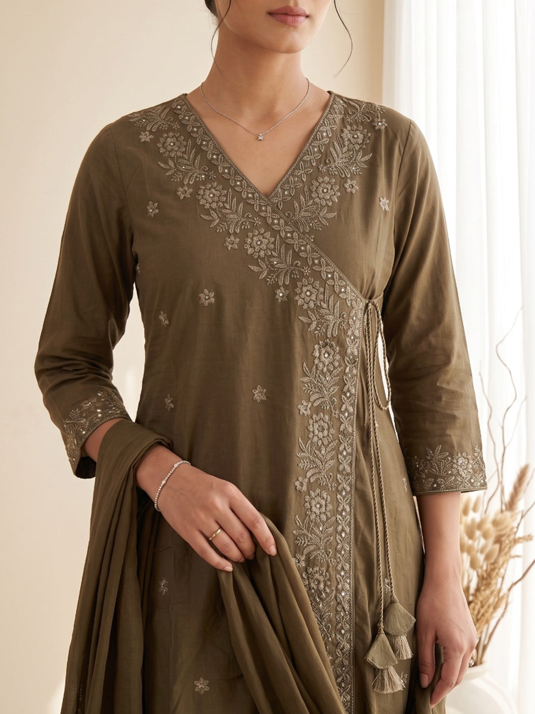 Brown Embroidered Kurta With Pant &amp; Dupatta