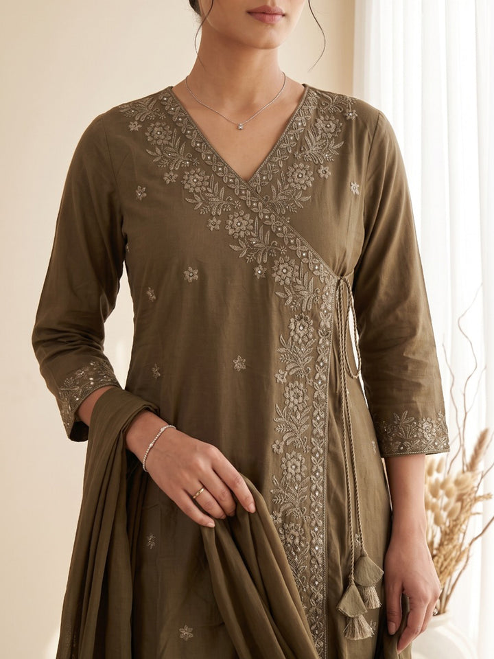 Brown Embroidered Kurta With Pant &amp; Dupatta