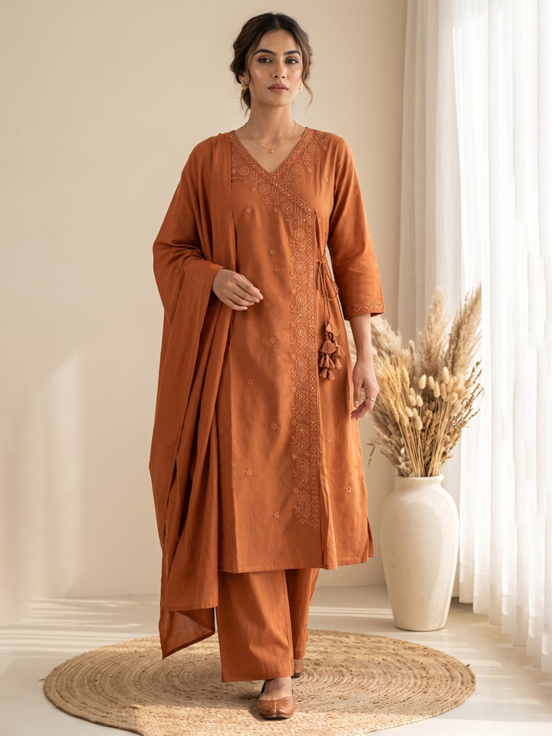 Rust Embroidered Kurta With Pant &amp; Dupatta
