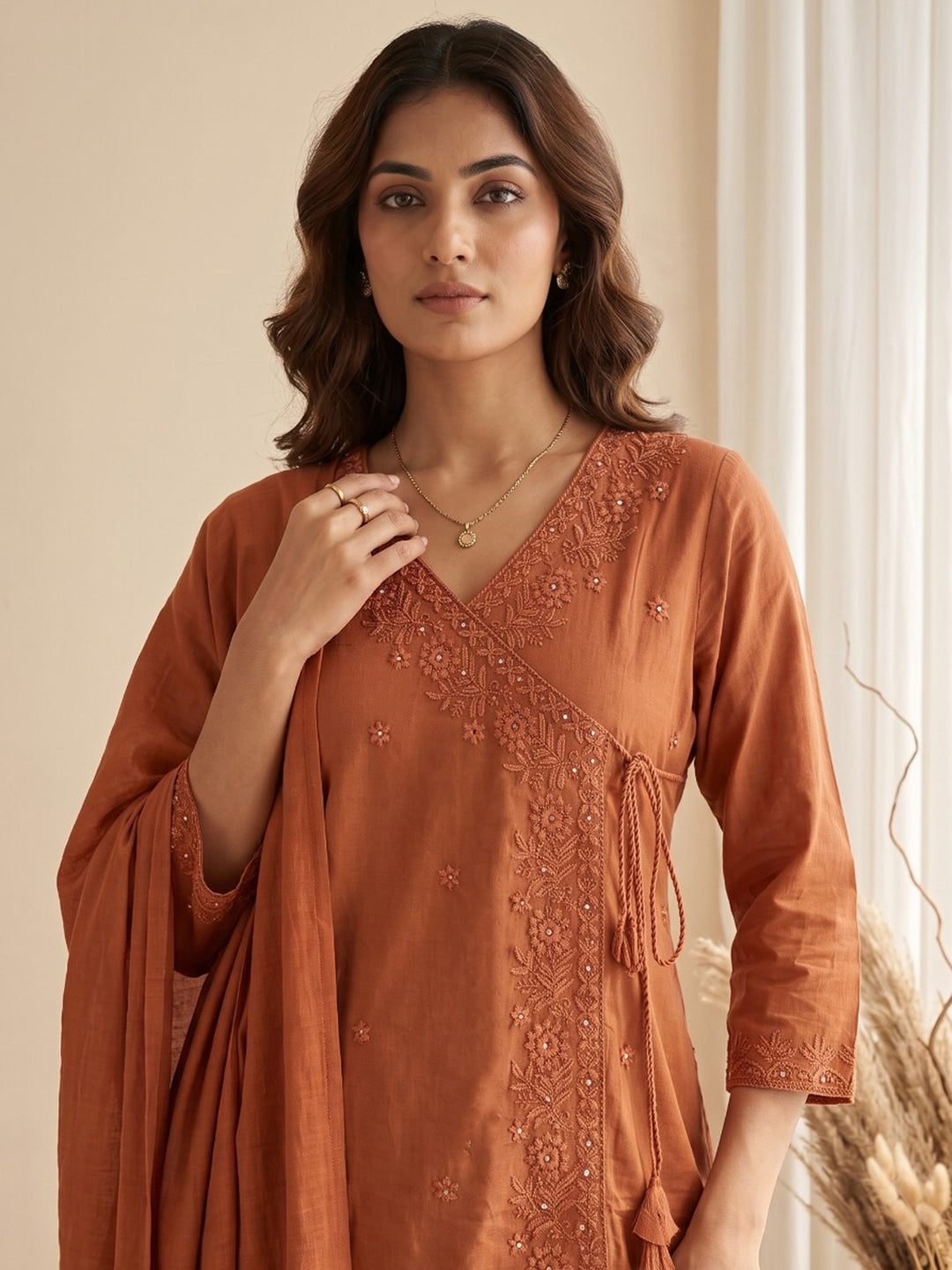Rust Embroidered Kurta With Pant &amp; Dupatta