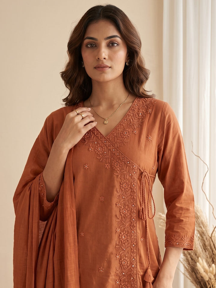 Rust Embroidered Kurta With Pant &amp; Dupatta