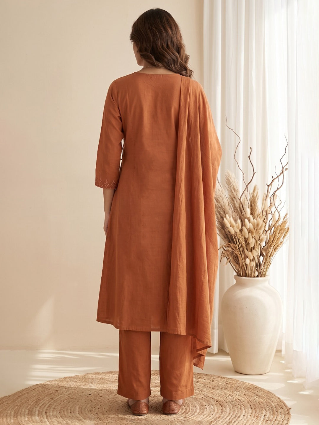 Rust Embroidered Kurta With Pant &amp; Dupatta