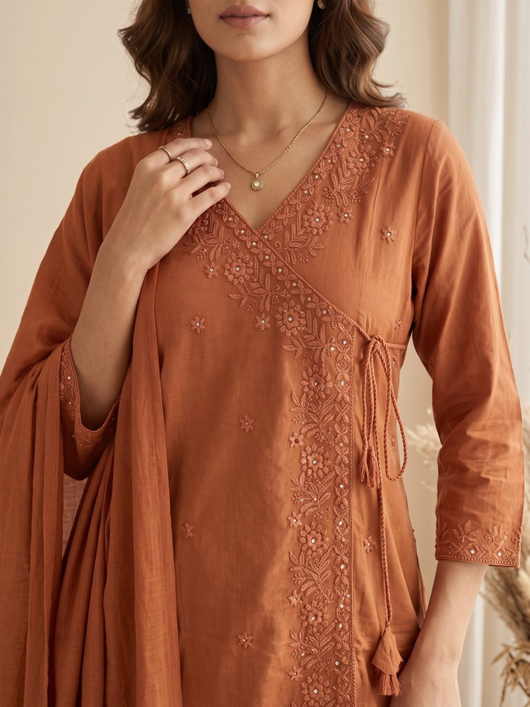 Rust Embroidered Kurta With Pant &amp; Dupatta