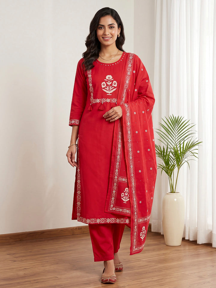 Rani Printed Cotton Blend Kurta With Pant &amp; Dupatta