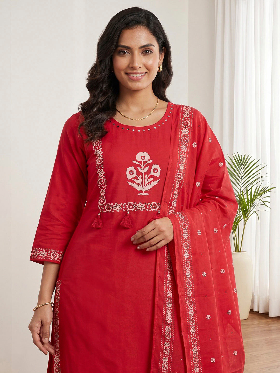 Rani Printed Cotton Blend Kurta With Pant &amp; Dupatta