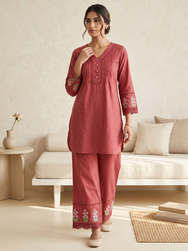 Maroon Embroidered Cotton Blend Round Neck Straight Kurta With Pant