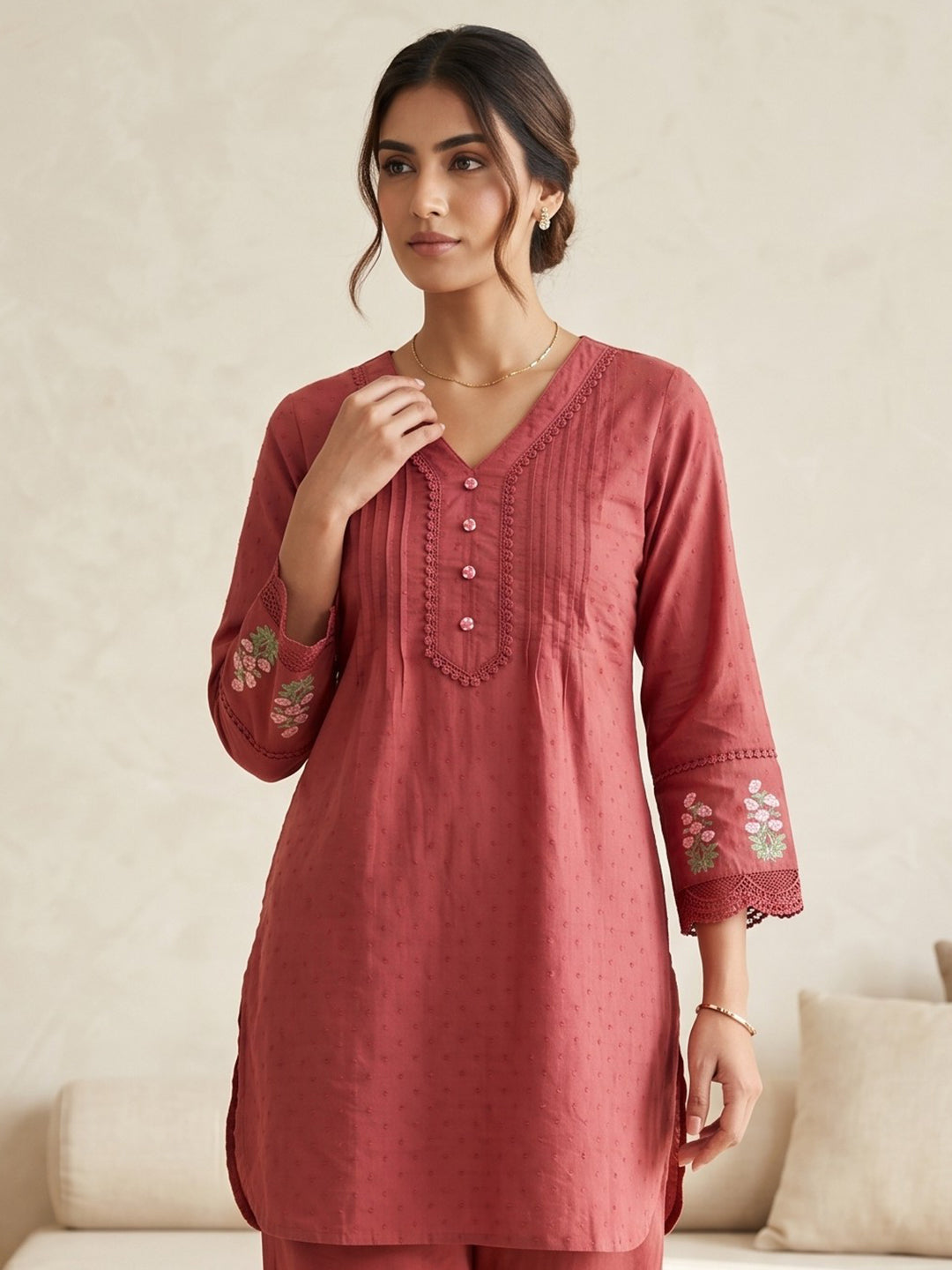 Maroon Embroidered Cotton Blend Round Neck Straight Kurta With Pant