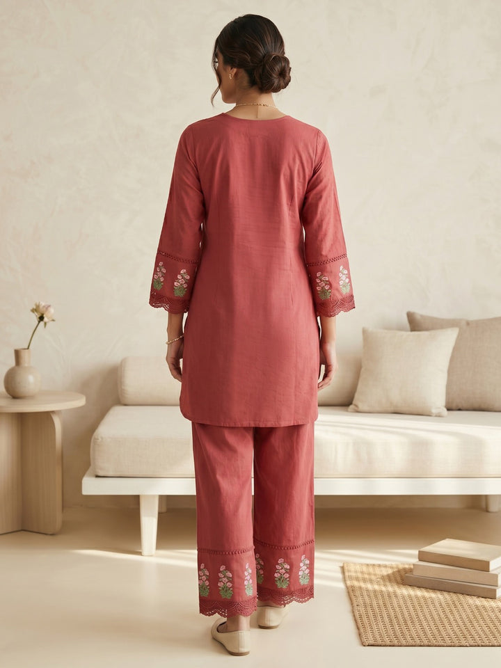 Maroon Embroidered Cotton Blend Round Neck Straight Kurta With Pant