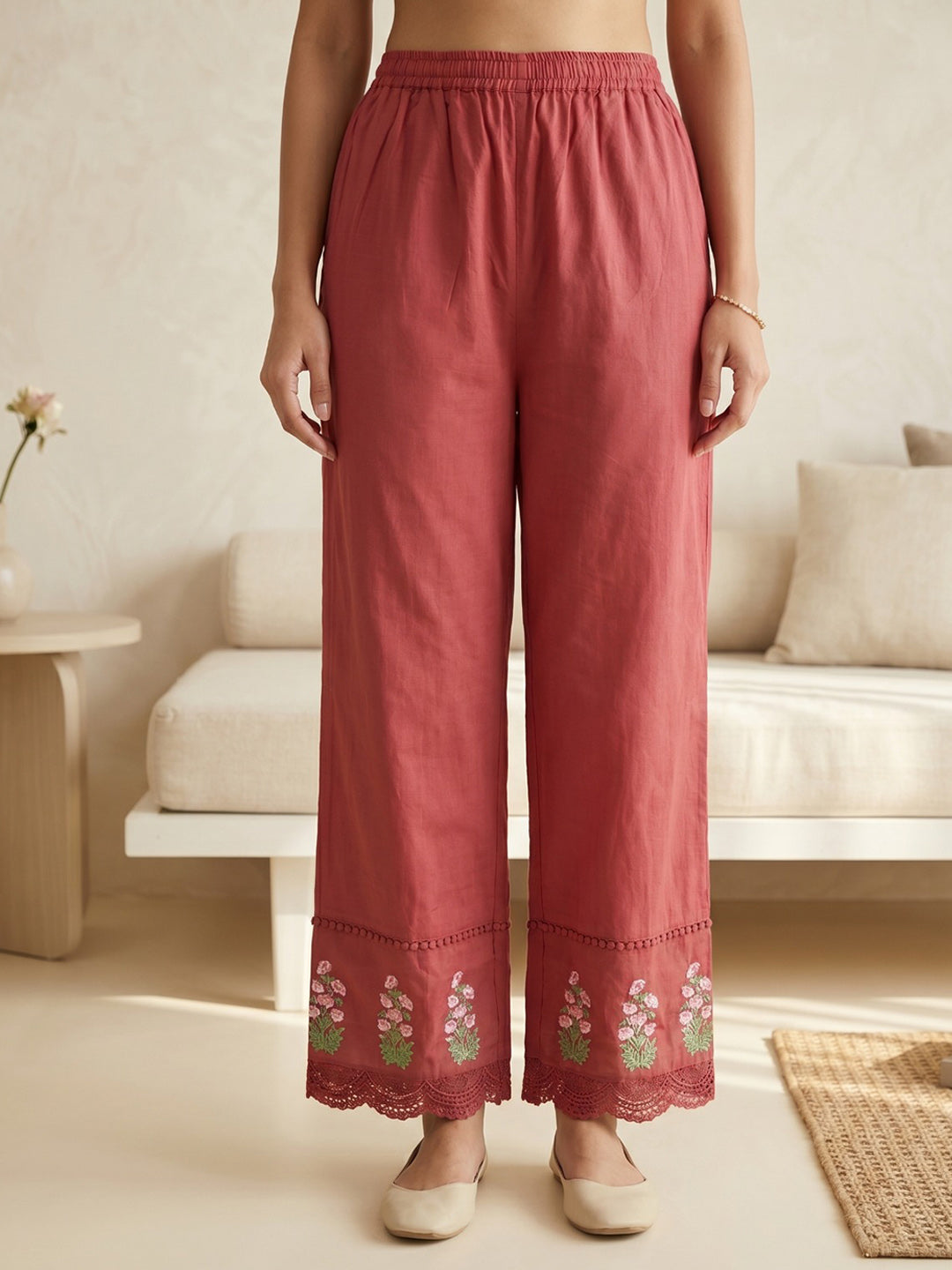 Maroon Embroidered Cotton Blend Round Neck Straight Kurta With Pant