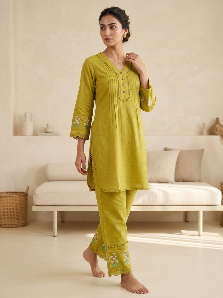 Mustard Embroidered Cotton Blend Round Neck Straight Kurta With Pant