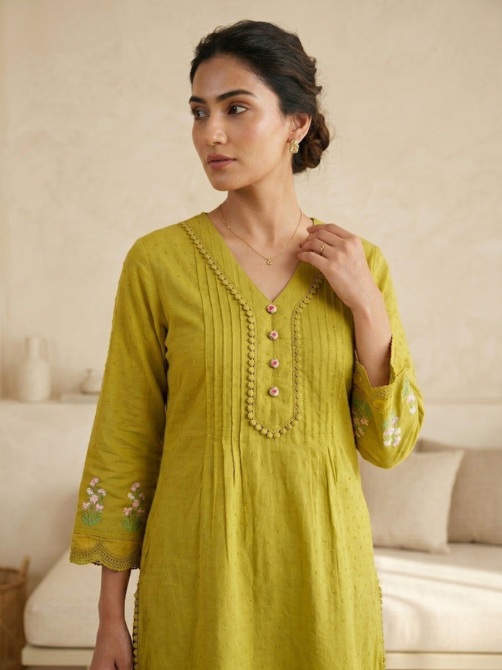 Mustard Embroidered Cotton Blend Round Neck Straight Kurta With Pant