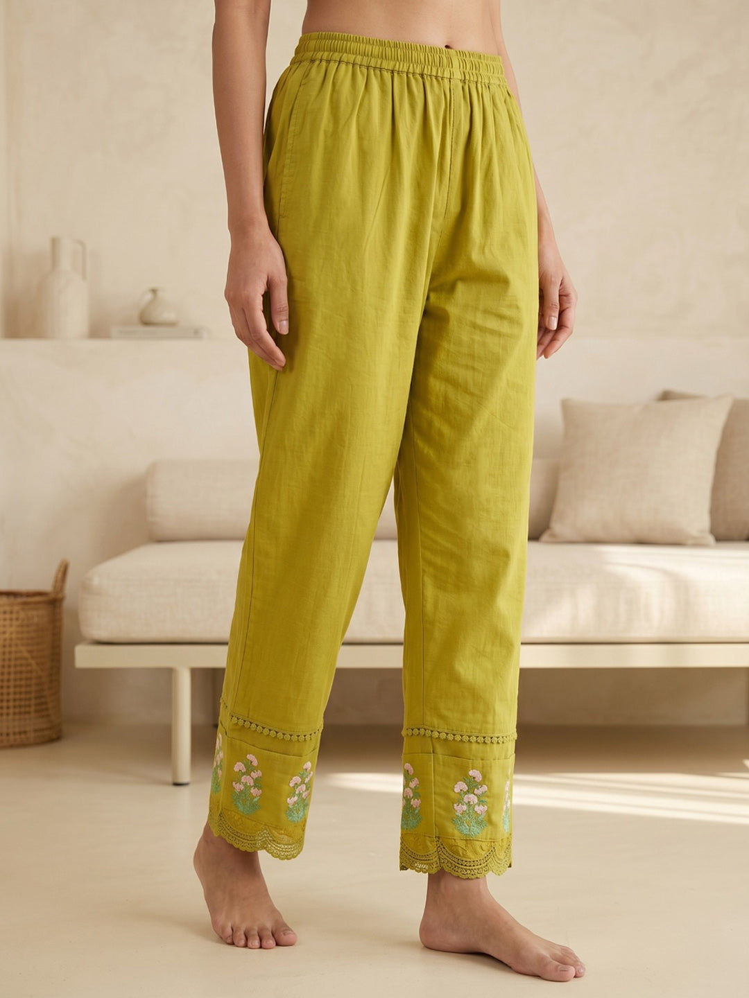 Mustard Embroidered Cotton Blend Round Neck Straight Kurta With Pant