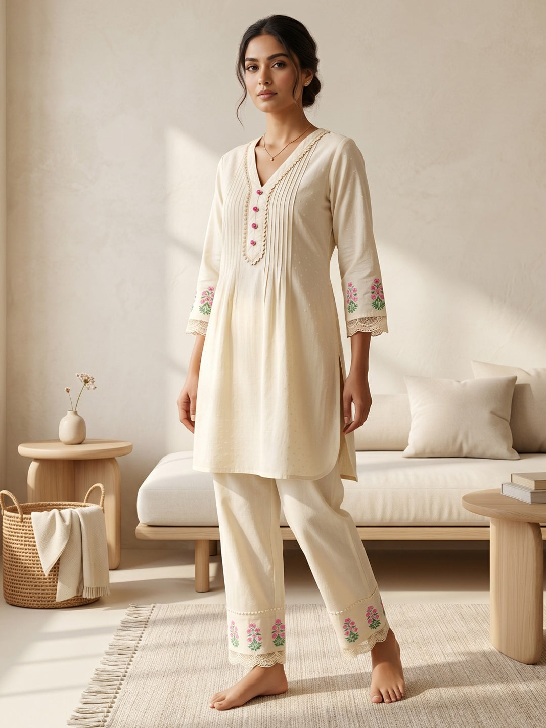 Cream Embroidered Cotton Blend Round Neck Straight Kurta With Pant
