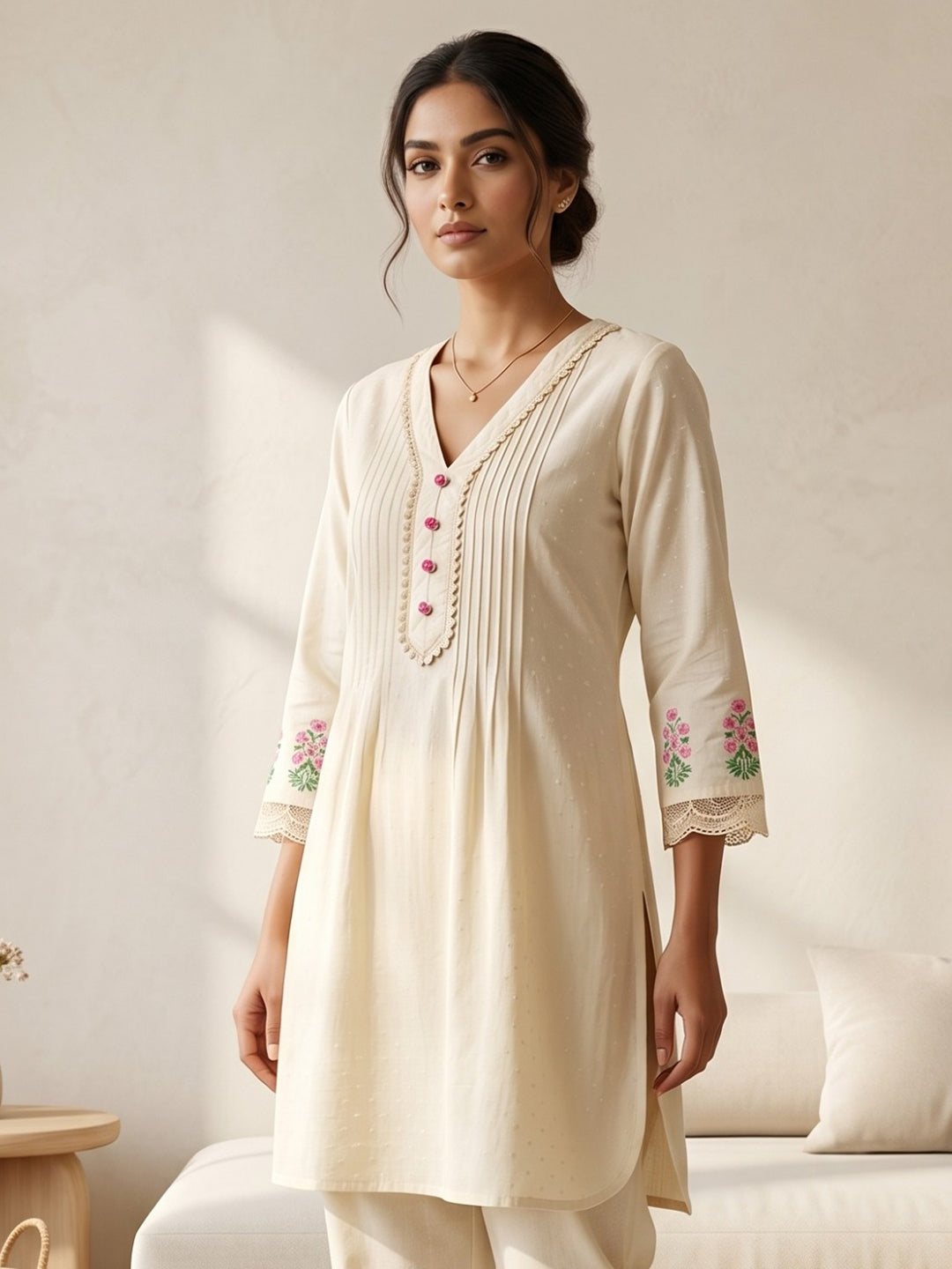 Cream Embroidered Cotton Blend Round Neck Straight Kurta With Pant