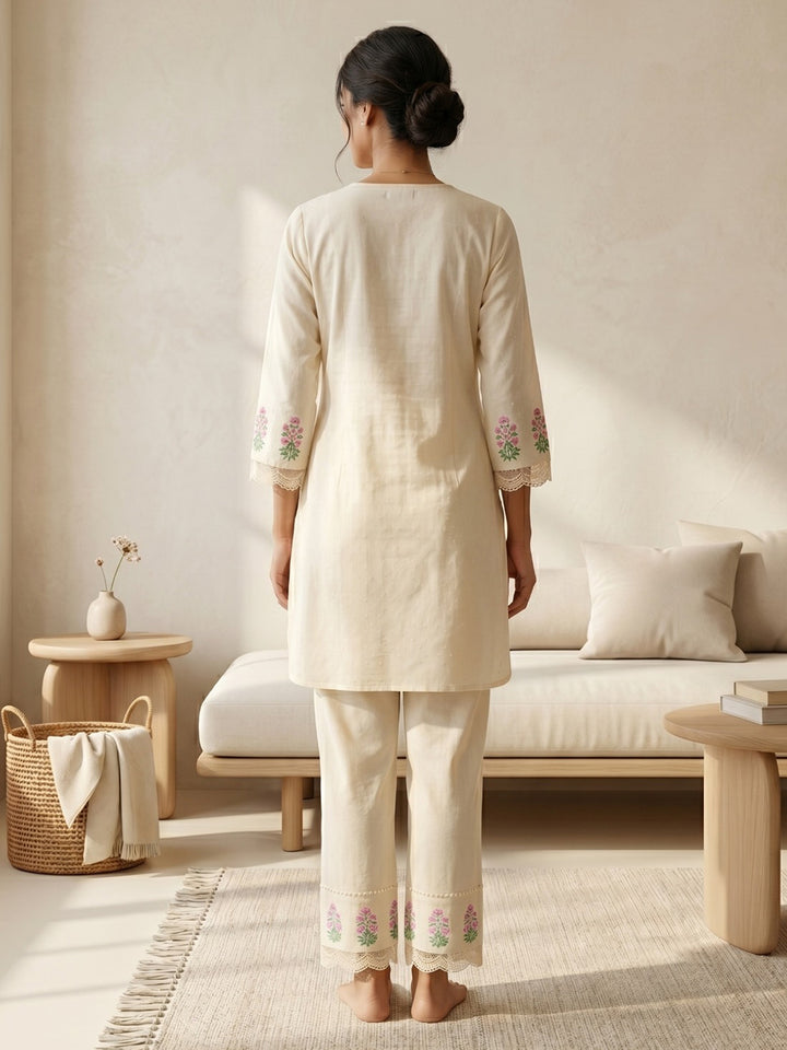 Cream Embroidered Cotton Blend Round Neck Straight Kurta With Pant