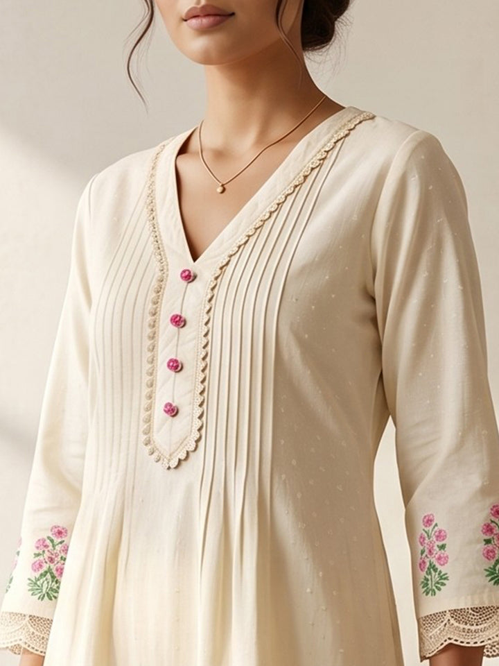 Cream Embroidered Cotton Blend Round Neck Straight Kurta With Pant