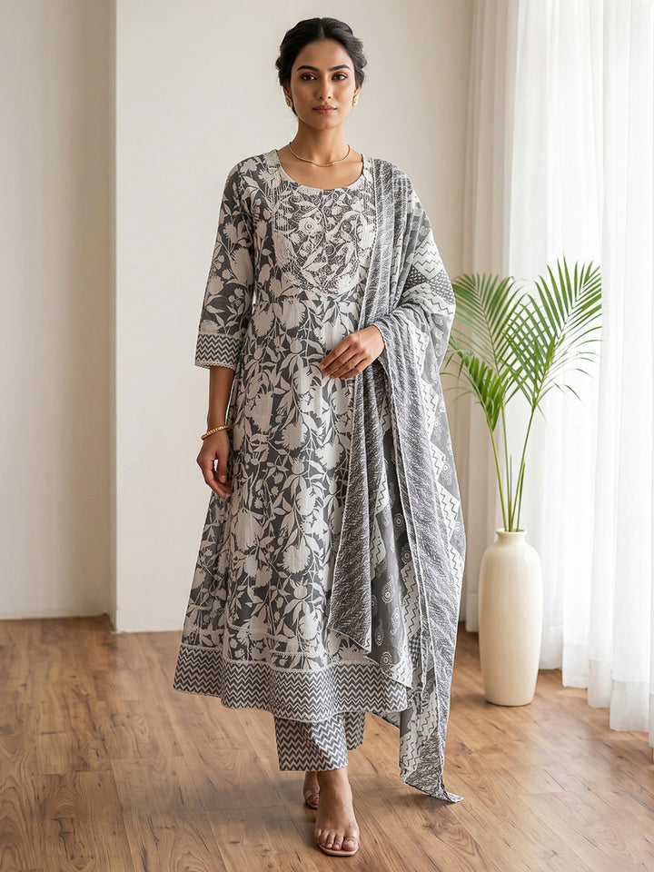 Black Printed Cotton Blend Kurta With Pant &amp; Dupatta