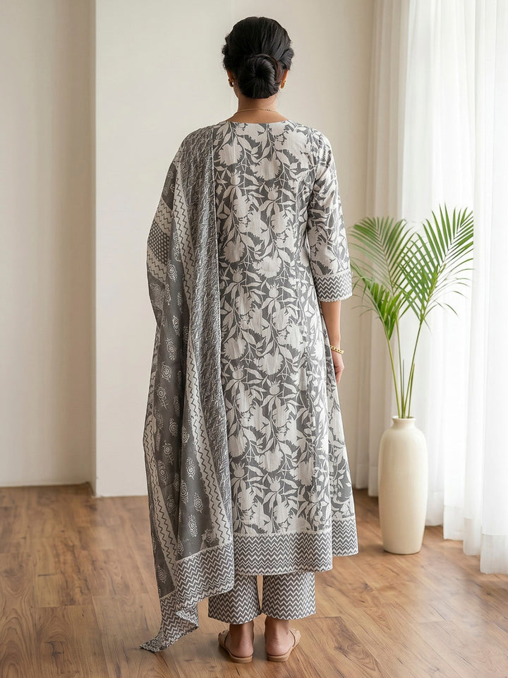 Black Printed Cotton Blend Kurta With Pant &amp; Dupatta
