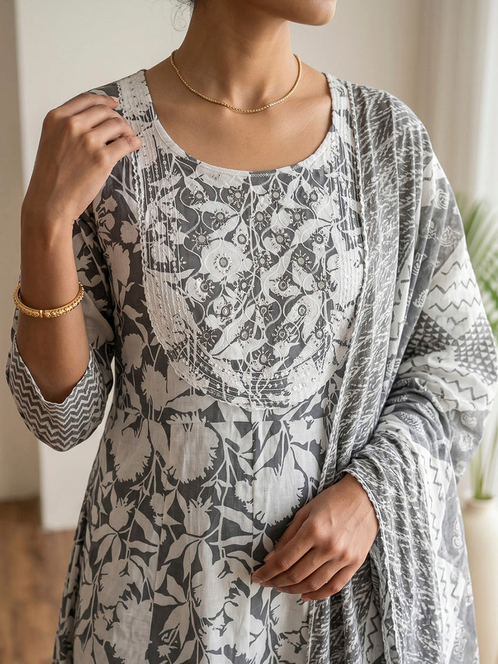 Black Printed Cotton Blend Kurta With Pant &amp; Dupatta