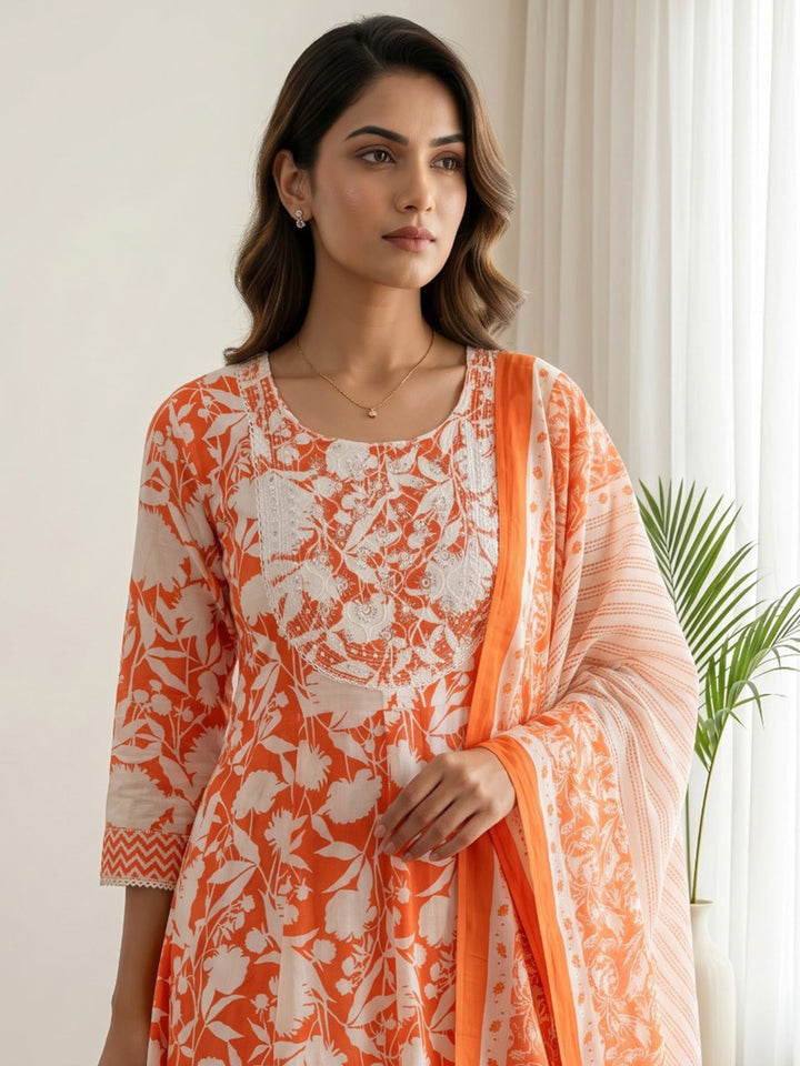 Orange Printed Cotton Blend Kurta With Pant &amp; Dupatta