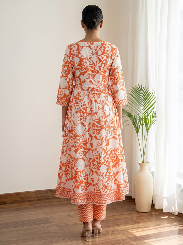 Orange Printed Cotton Blend Kurta With Pant &amp; Dupatta