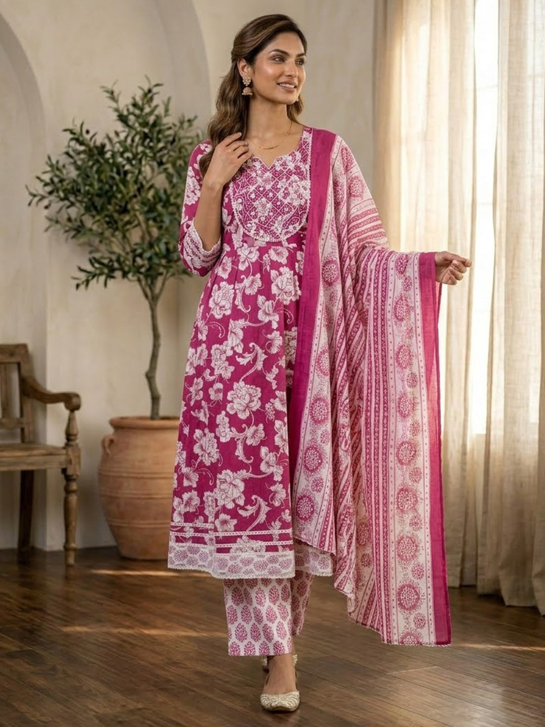 Rani Printed Cotton Blend Kurta With Pant &amp; Dupatta