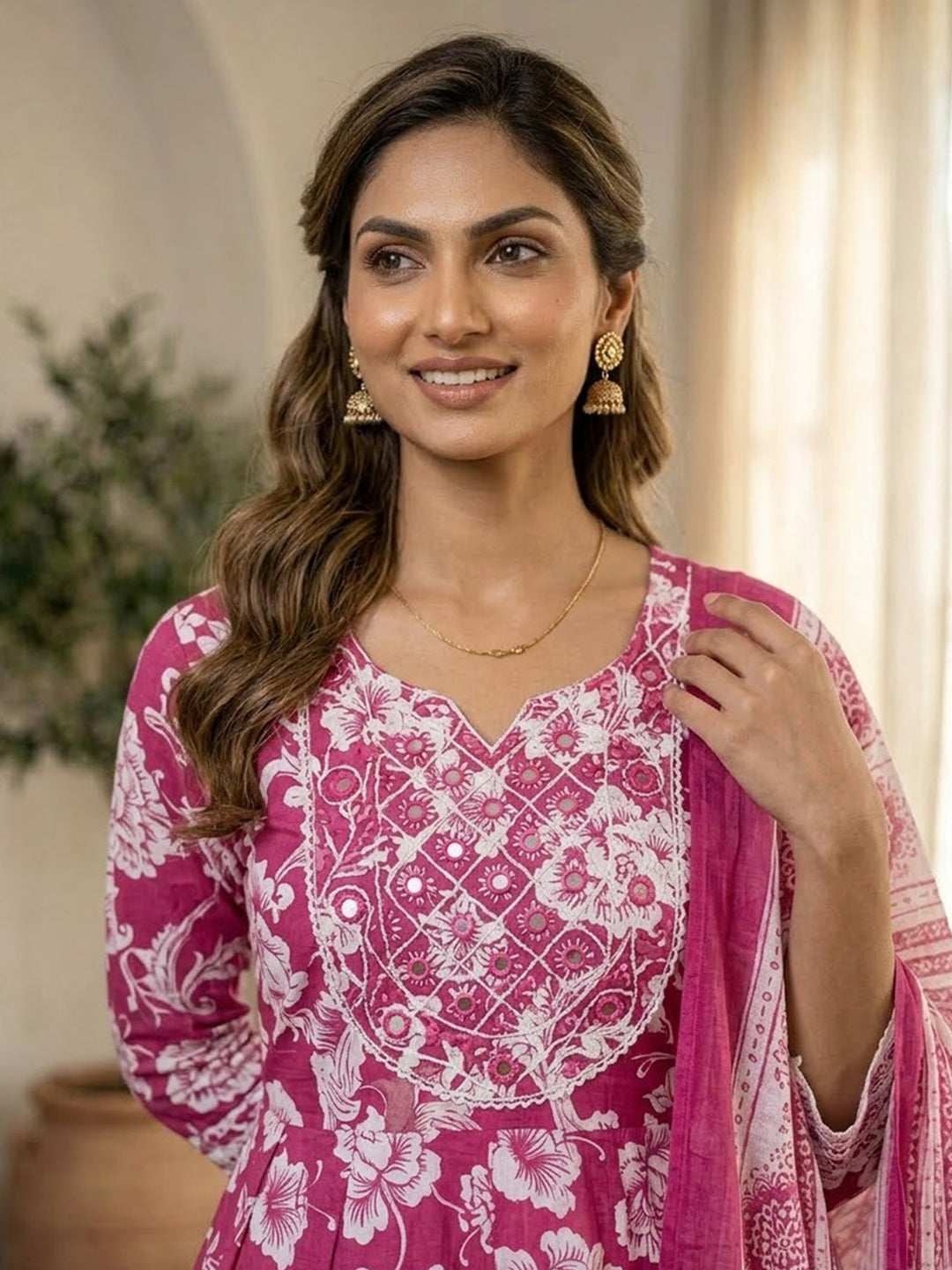 Rani Printed Cotton Blend Kurta With Pant &amp; Dupatta