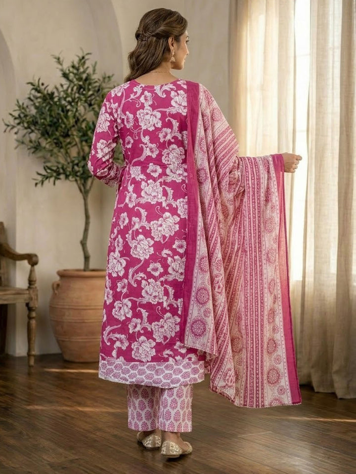Rani Printed Cotton Blend Kurta With Pant &amp; Dupatta