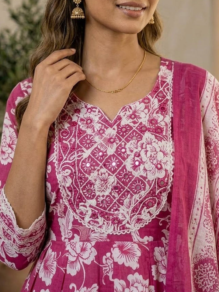 Rani Printed Cotton Blend Kurta With Pant &amp; Dupatta