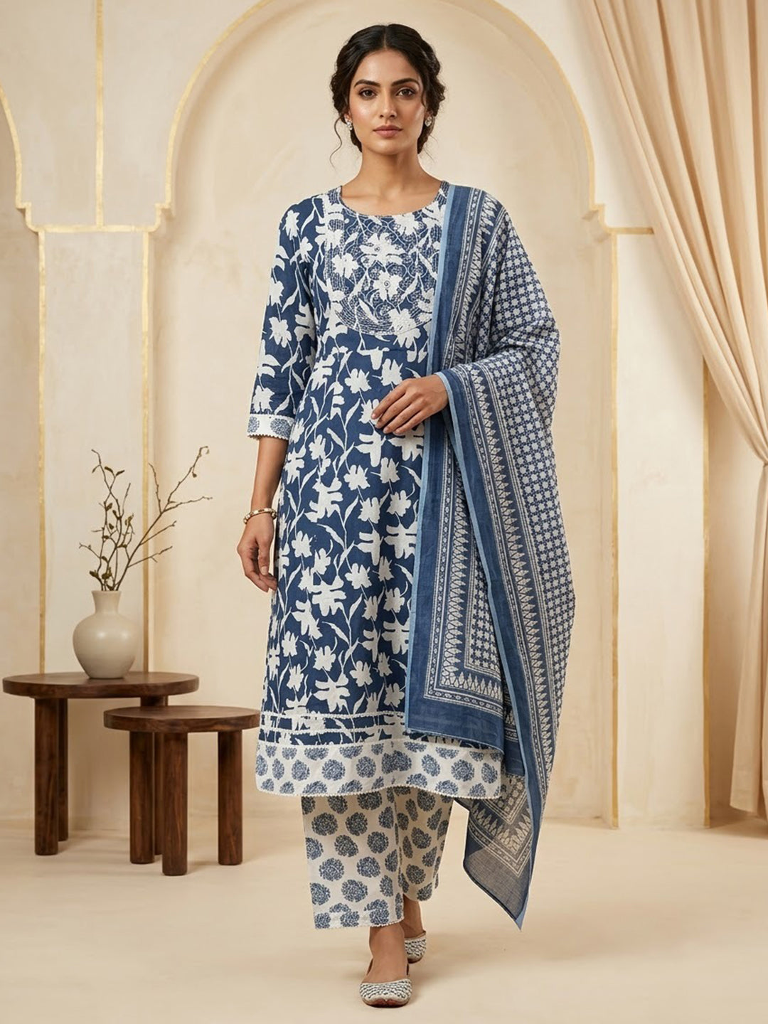 Blue Printed Cotton Blend Kurta With Pant &amp; Dupatta