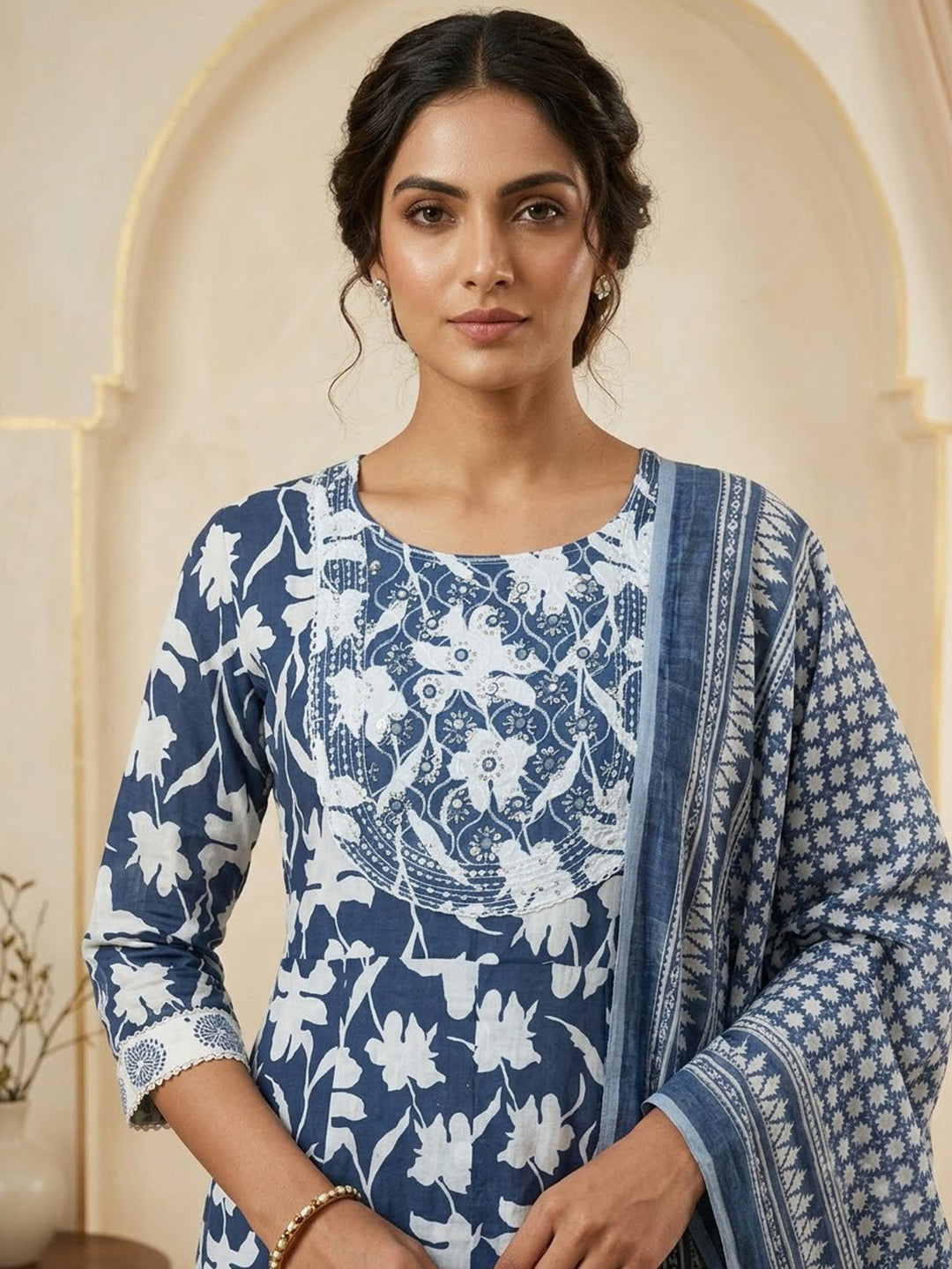 Blue Printed Cotton Blend Kurta With Pant &amp; Dupatta