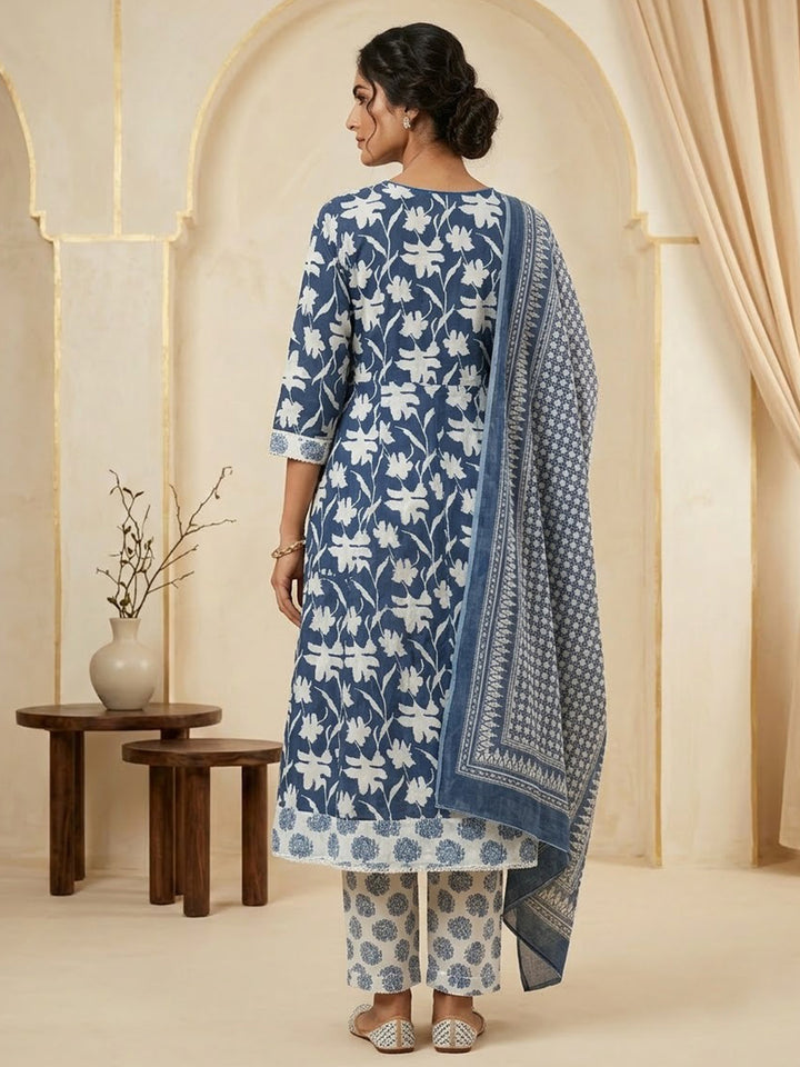 Blue Printed Cotton Blend Kurta With Pant &amp; Dupatta