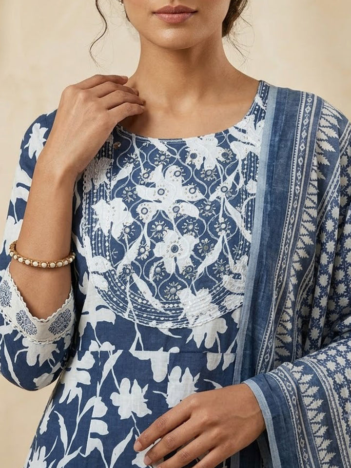 Blue Printed Cotton Blend Kurta With Pant &amp; Dupatta
