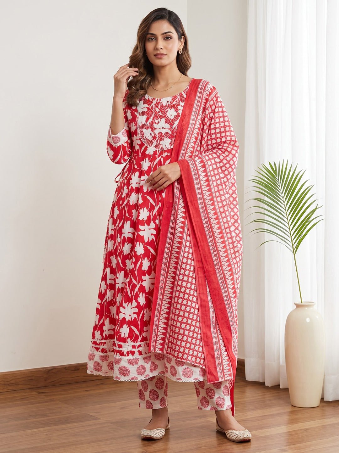 Red Printed Cotton Blend Kurta With Pant &amp; Dupatta