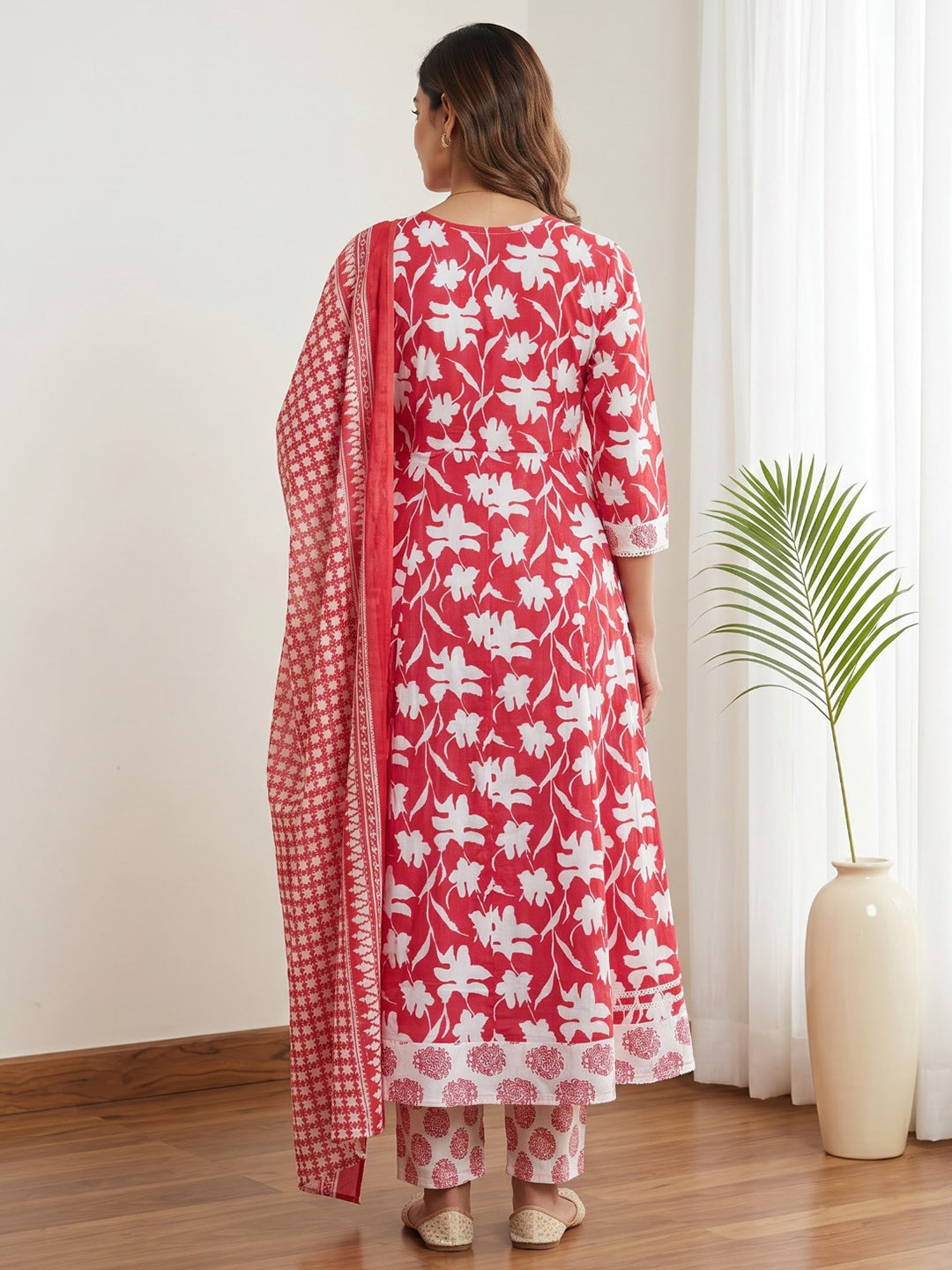 Red Printed Cotton Blend Kurta With Pant &amp; Dupatta