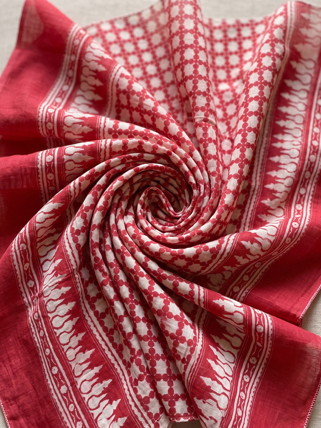 Red Printed Cotton Blend Kurta With Pant &amp; Dupatta