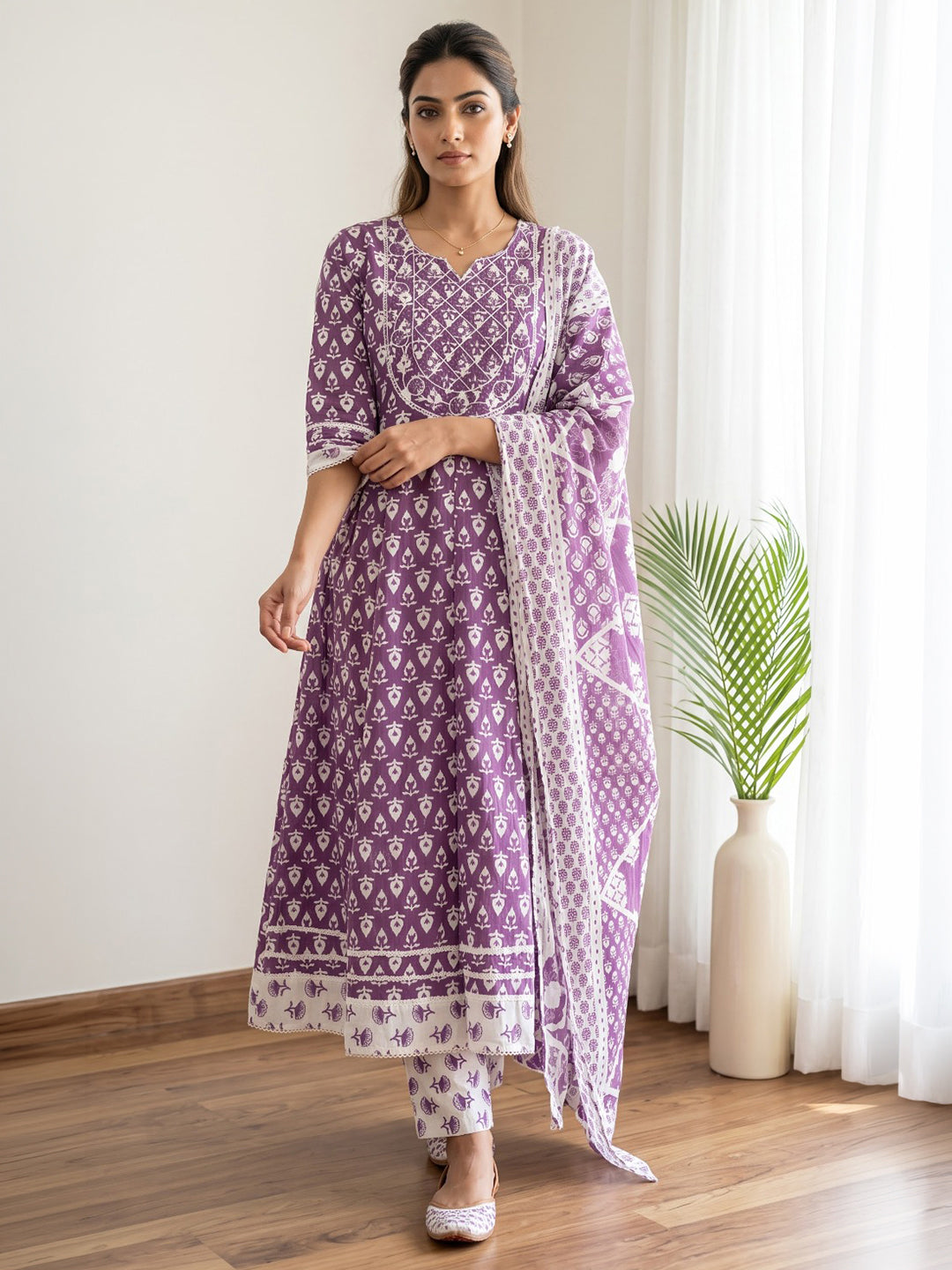 Wine Printed Cotton Blend Kurta With Pant &amp; Dupatta