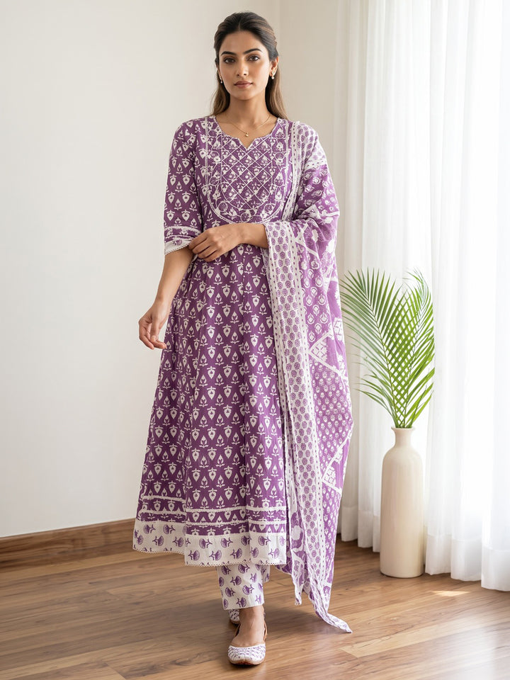 Wine Printed Cotton Blend Kurta With Pant &amp; Dupatta