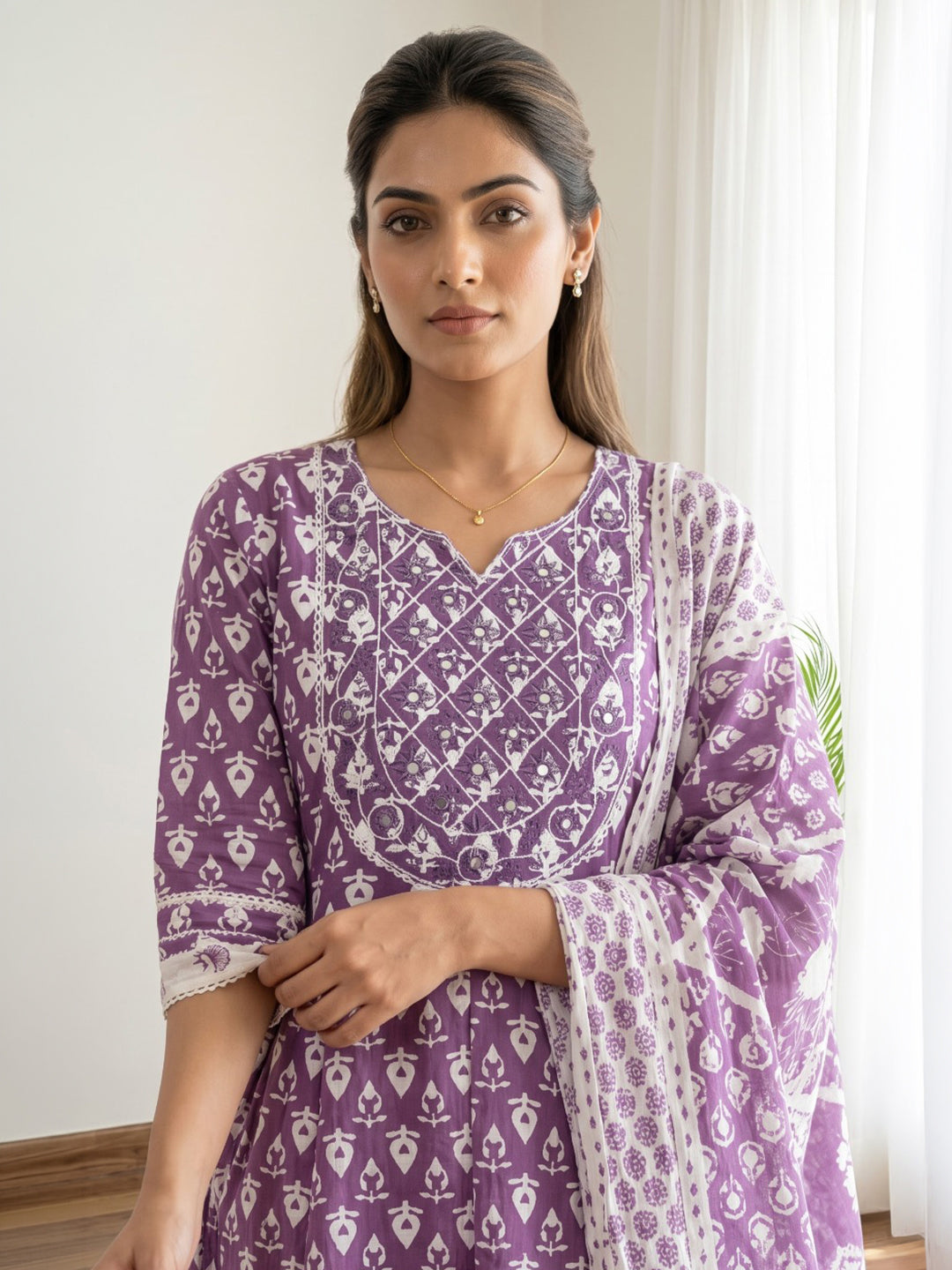 Wine Printed Cotton Blend Kurta With Pant &amp; Dupatta