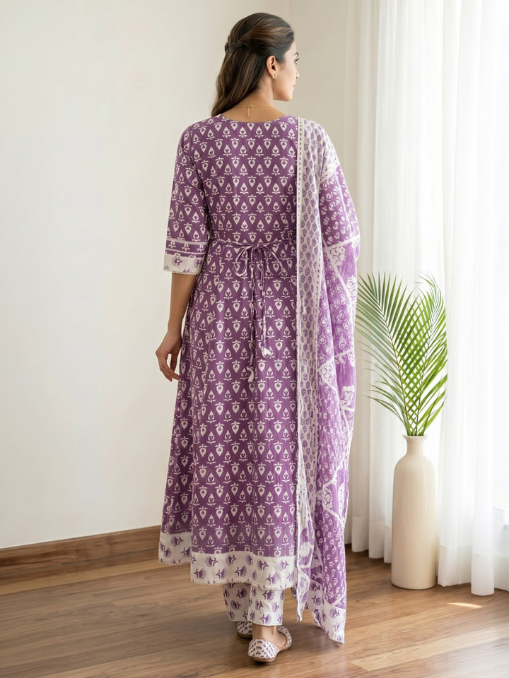 Wine Printed Cotton Blend Kurta With Pant &amp; Dupatta