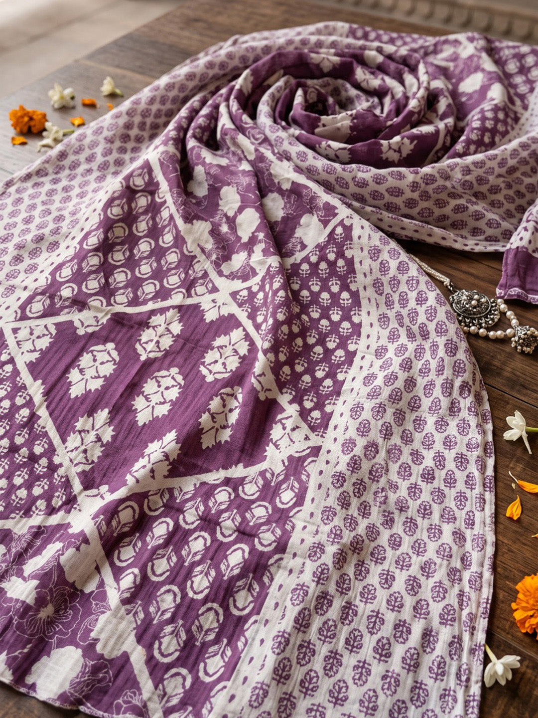 Wine Printed Cotton Blend Kurta With Pant &amp; Dupatta