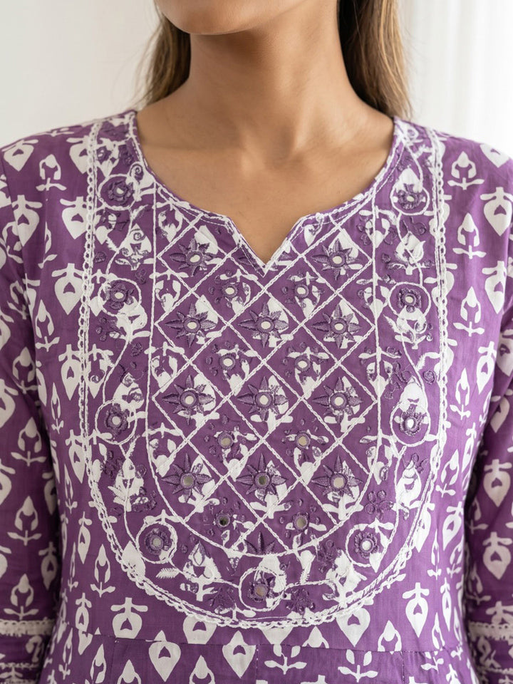 Wine Printed Cotton Blend Kurta With Pant &amp; Dupatta