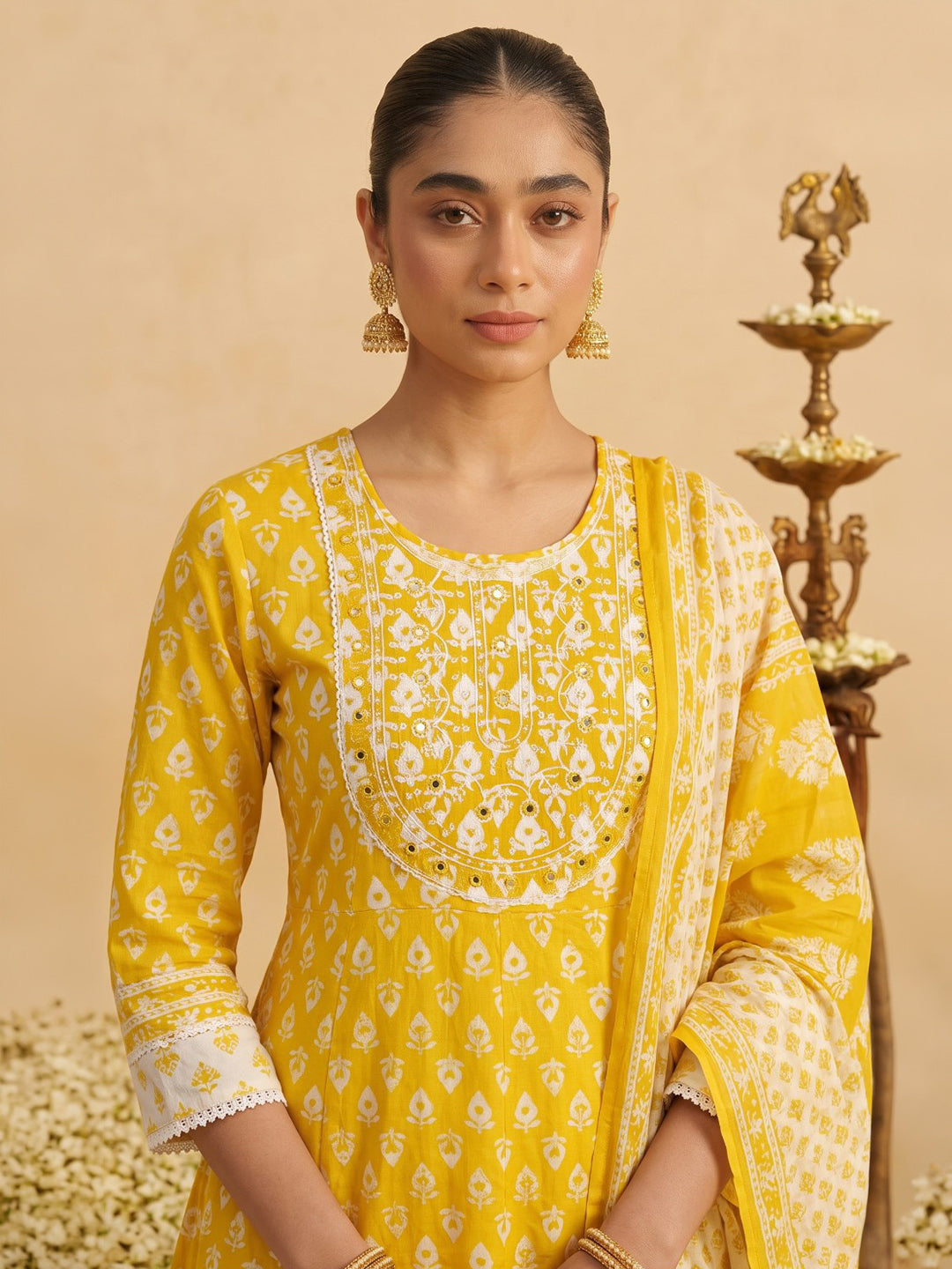 Yellow Printed Cotton Blend Kurta With Pant &amp; Dupatta