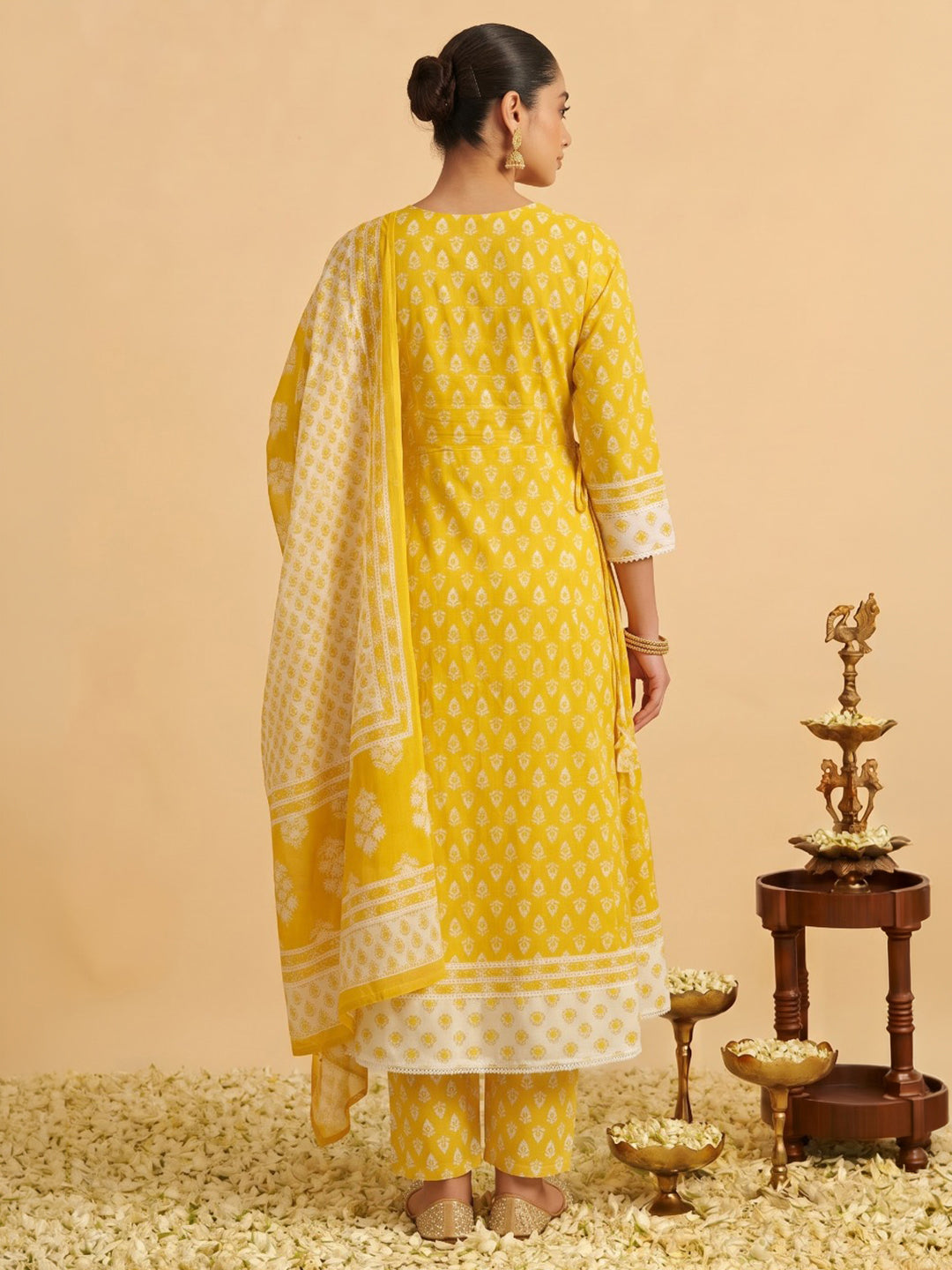 Yellow Printed Cotton Blend Kurta With Pant &amp; Dupatta