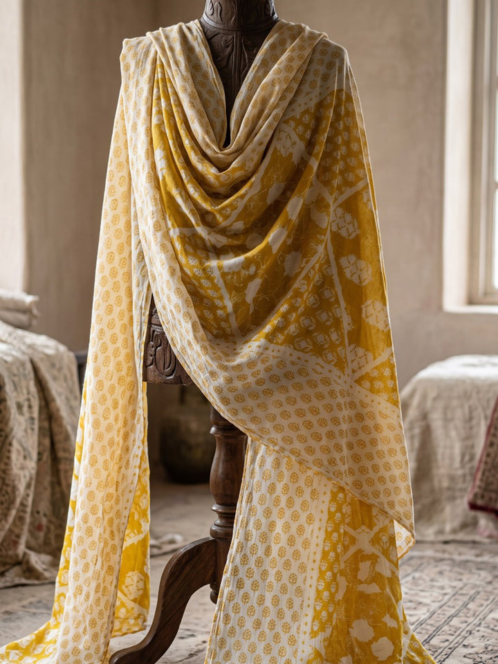 Yellow Printed Cotton Blend Kurta With Pant &amp; Dupatta