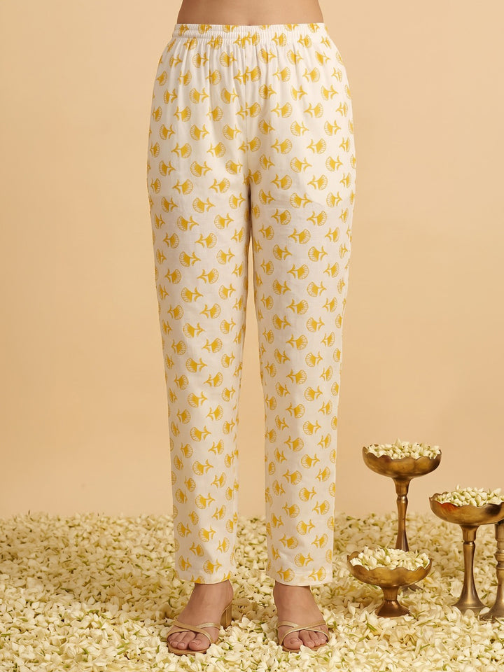 Yellow Printed Cotton Blend Kurta With Pant &amp; Dupatta