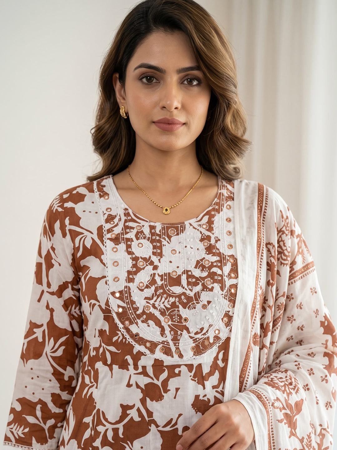 Rust Printed Cotton Blend Kurta With Pant &amp; Dupatta