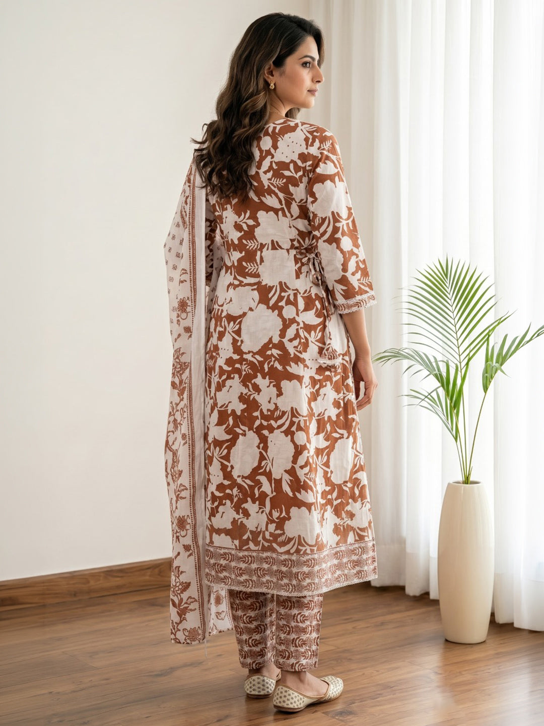 Rust Printed Cotton Blend Kurta With Pant &amp; Dupatta